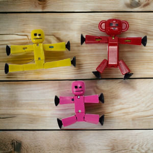 Lot of 3 Stop Motion Stick Man Zing Animation Stop Motion Toy Yellow Pink Red